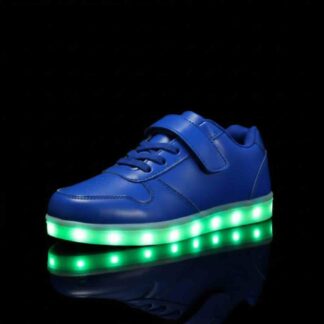 blue led shoes with strap on black backgorund