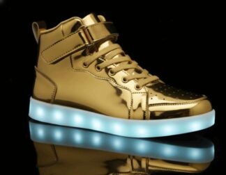 high top gold led light up shoes on a black background