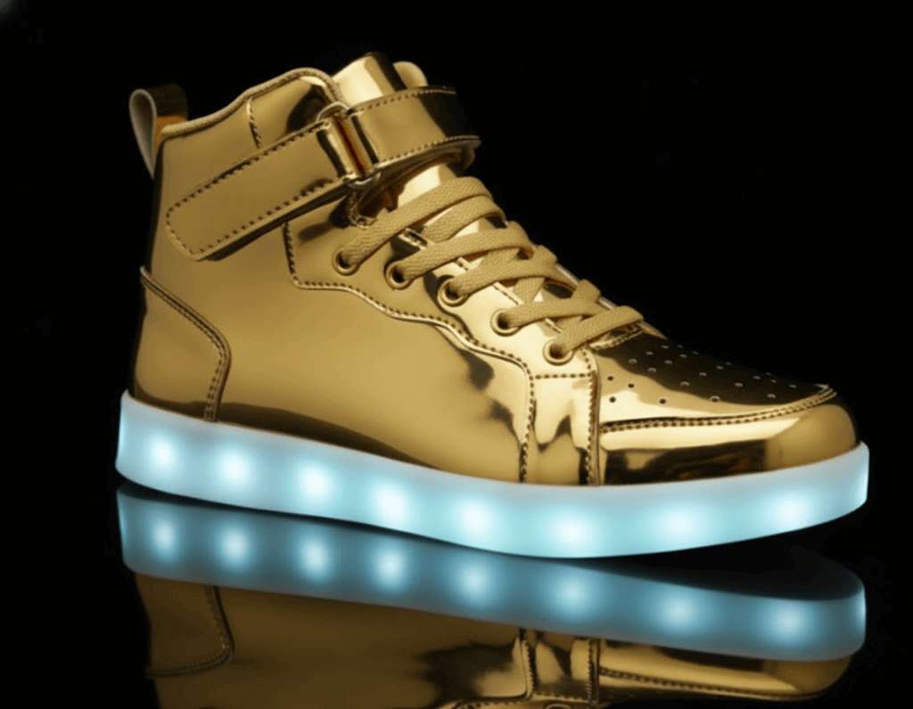 high top gold led light up shoes on a black background