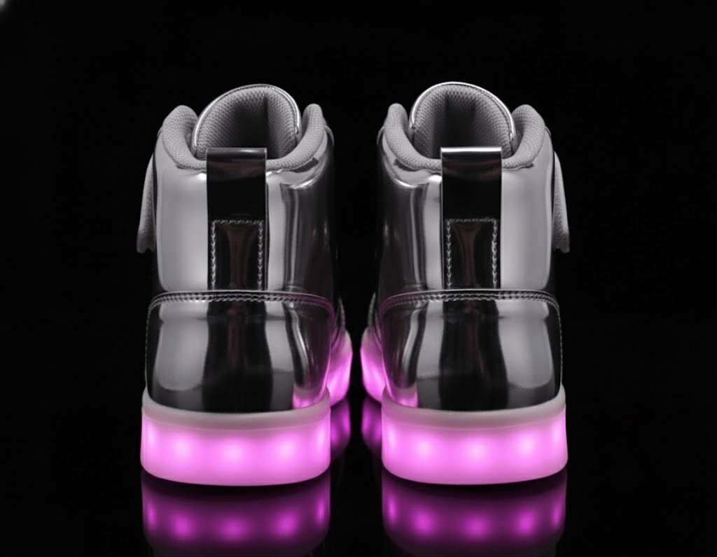 high top silver led shoes striker back view