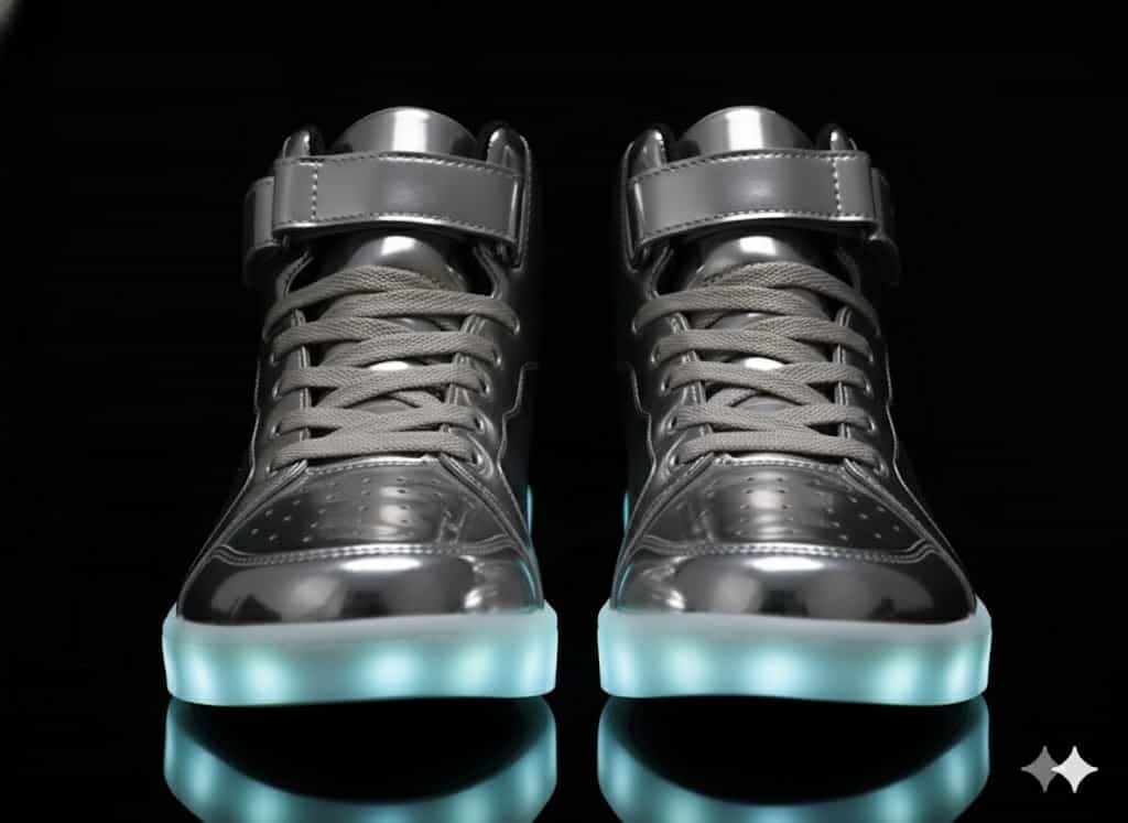 high top silver led shoes striker front view 2