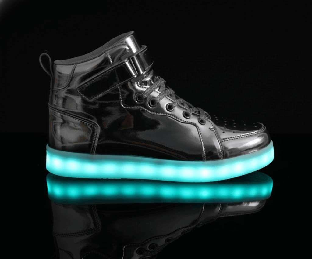 high top silver led shoes striker side view
