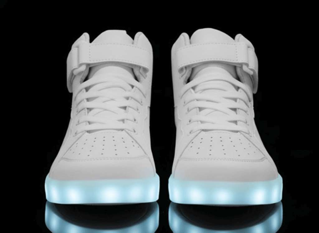 high top white led shoes striker front view